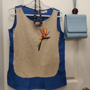 RSVP Blue Jute top with paradise flower embroidery